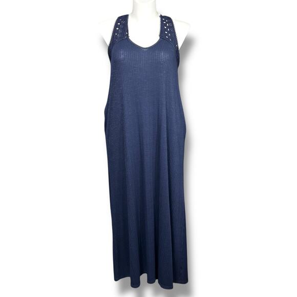 Suzanne Betro Womens Maxi Sundress Sleeveless Scoop Neck Crochet Straps Blue 2X - Picture 1 of 11